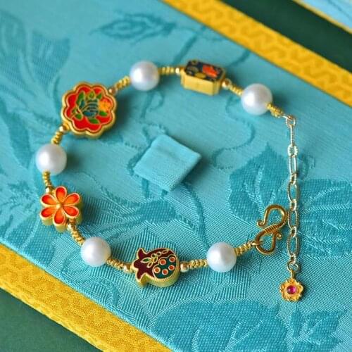 New ancient gold craftsmanship inlaid enamel porcelain pearl bracelet beautiful ethnic style ladies jewelry
