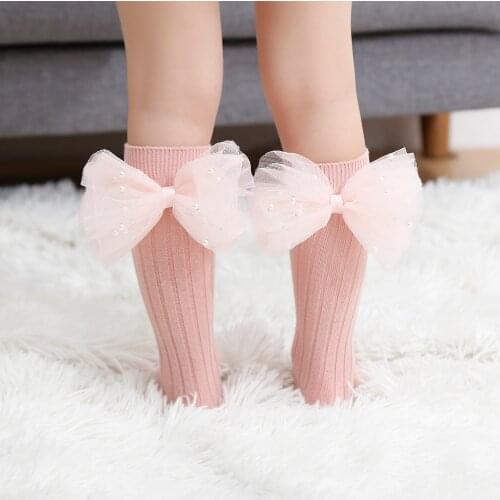 0-7 Years Toddlers Girls Socks Beading Bows Knee High Soft Cotton Baby Long Socks Stripped Children Socks Princess Style