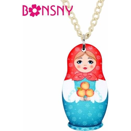 Bonsny Acrylic Sweet Russian Doll Necklace Pendant Chain Choker Classical Festival Figure Jewelry For Women Girl Gift Wholesale