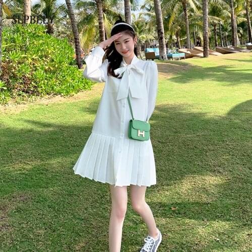 SLPBELY Women Dress Summer Elegant Bow Pleated Long Sleeve Sweet France Solid Female Ruffles Princess Holiday Party Dresses New