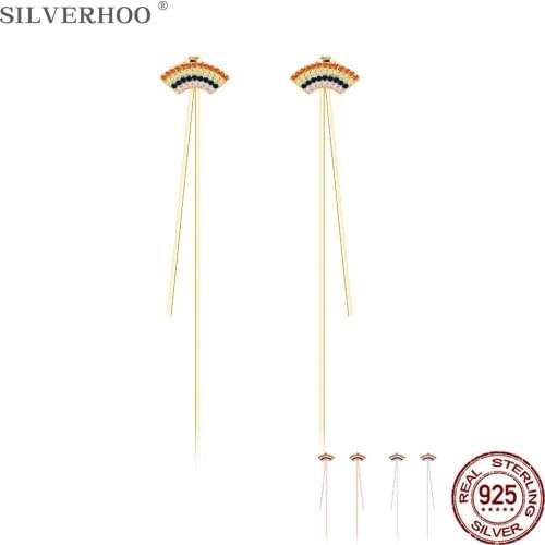 SILVERHOO Long Tassel Drop Earrings For Women 925 Sterling Silver 3 Colors Sparkling Zircon Rainbow Earring Silver 925 Jewelry