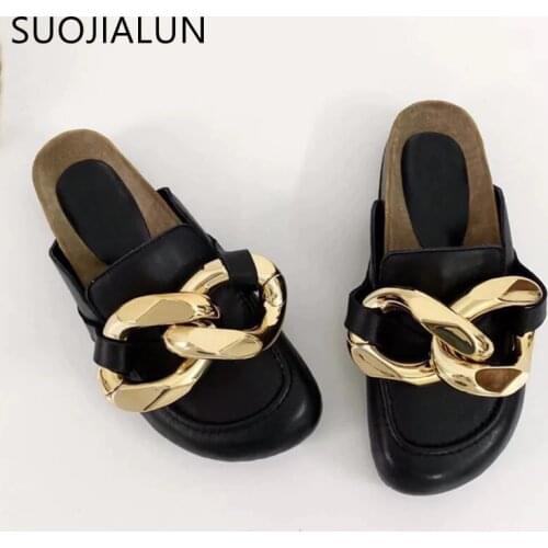 SUOJIALUN Brand Design Women Slipper Fashion Big Gold Chain Sandals Shoes Round Toe Slip On Mules Flat Heel Casual Slides Flip F
