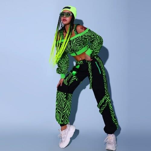 Hip-Hop Street Dance Clothes Female Cheerleader Uniform Gogo Dancer Costume Green Dancer Outfit Rave Clothing Cargo Pants DL8356
