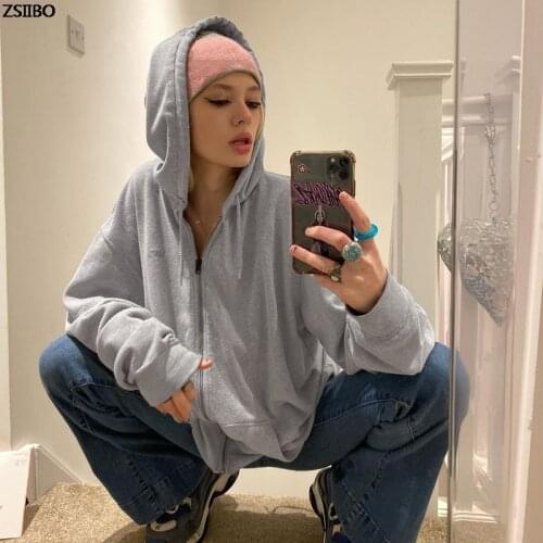 Harajuku zip up hoodies mulheres manga longa baggy sweatshir bolso cardigan outono casual sólido streetwear moda korean fashion