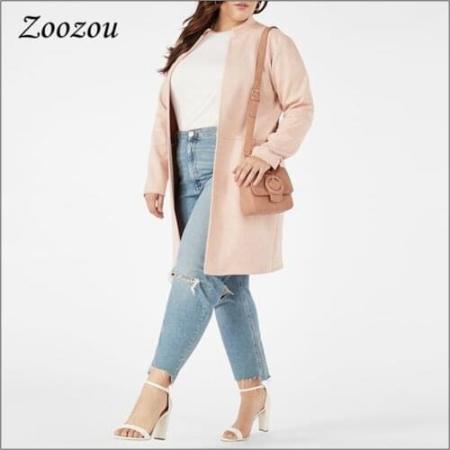 Comfort Suede Leather Longline Jacket Trench Mandarin Collar Loose Women Coats Plus Size Winter Casual Outwear Cardigan Custom