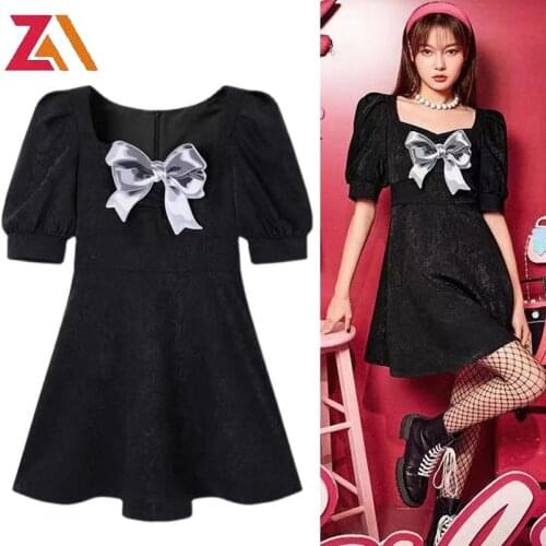 ZAlady Goblincore Summer Women Mini Dress Elegant Black Bow Puff Short Sleeve Party Night Sweet Lucky Dresses Vestidos sukienki