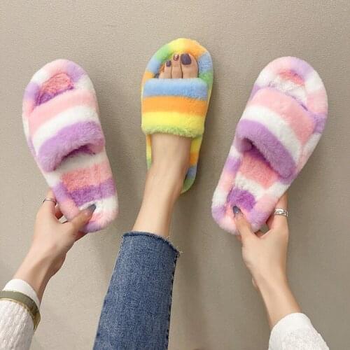 2021 Autumn And Winter New Womens Fur Slippers Female Colorful Large Size Flip Flops Flat Home Warm Shoes Cute Fluffy Slippers