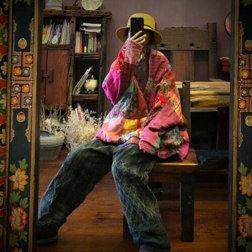 Women Loose Random Patchwork Parkas Ladies Vintage Padded Coat Outerwear Female 2020 Autumn Winter Coat