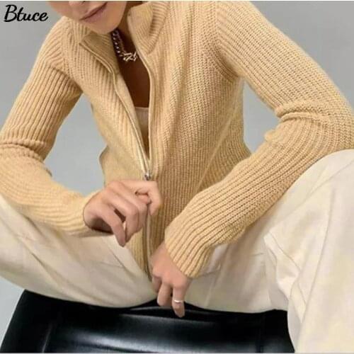 Autumn Vintage Turn Down Collar Zipper Womens Cardigans Elegant Lady Casual Long Sleeve Coat Warm Knitted Women Sweaters