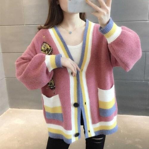 2021fashion New Spring Autumn Female Sweater Korean Style Striped Knitted Long-sleeved Button Harajuku Women Cardigan Jacket