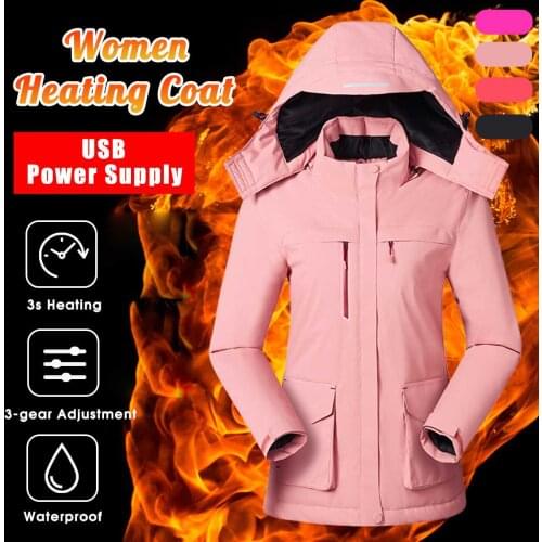 Heated Vest Women USB Heated Jacket Long Sleeves Hooded Coat Skiing Hiking Vests Winter Thermal Clothing Heating Windbreaker