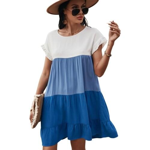 Robe Womens Splicing Dress Round Neck Short Sleeve High Waist Flowy Dress Large Swing For Summer Платье Летнее Женское 2021