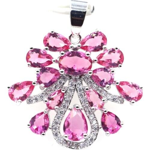40x28mm Awesome Big Jewelry Set Created Pink Tourmaline Bright Zircon For Women Dating Silver Pendant Earrings