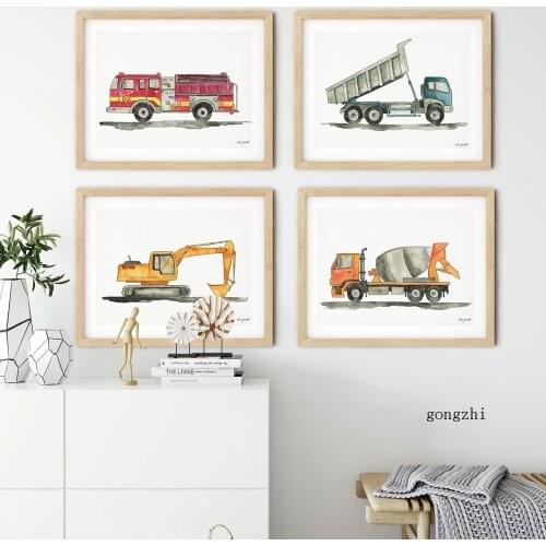 Watercolor Construction Vehicle Excavator Poster and Print Minimalist Canvas Painting Boys Room Wall Art Picture Kids Room Decor