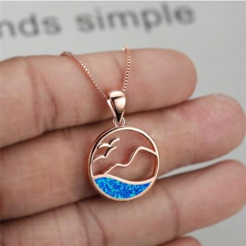 Charm Round Hollow Wave Wedding Necklace White Blue Opal Stone Pendant Necklace Rose Gold Silver Color Chain Necklaces For Women