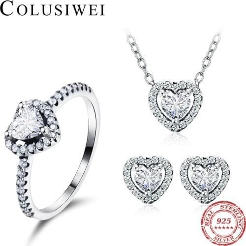 Colusiwei Authentic 925 Sterling Silver Jewelry Set Sparkling Heart Finger Rings & Stud Earrings & Pendant Necklace Jewelry Sets
