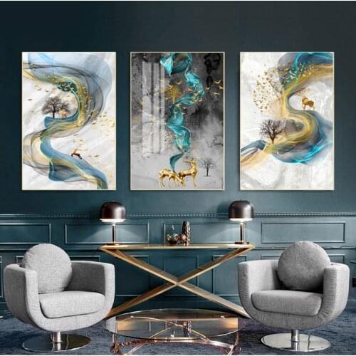 Picture for Living Room Cuadros Canvas Art Abstract Golden Deer Painting Big Size Poster Blue Print Gold Wall Art