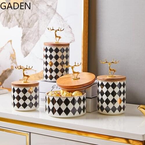European-style Ceramic Candy Jar Wooden Lid Golden Deer Airtight Jar Light Luxury Household Storage Box Desktop Decorative Jar