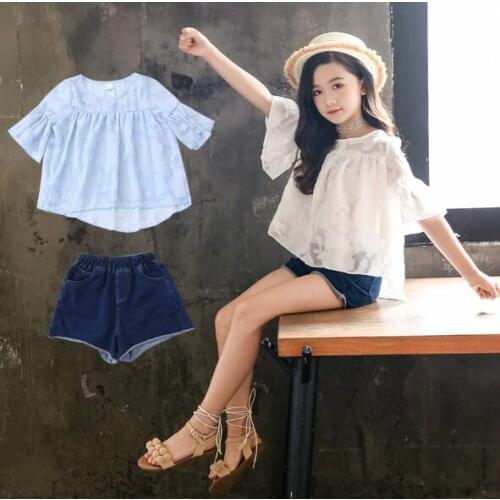 Girls Clothing Sets Summer 2021 Children Outfits Fashion White Lace Shirt Short Pants Suit 6 8 12 Years Kids ClothesTracksuit