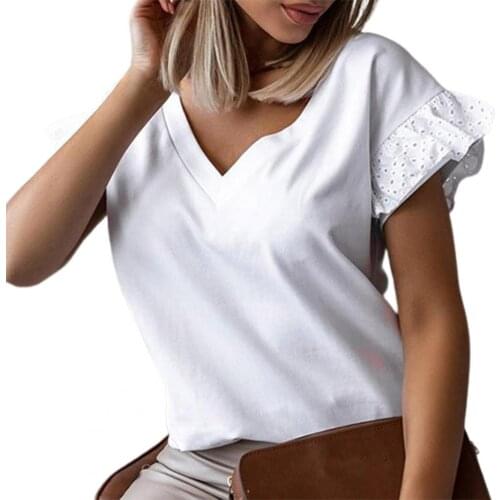 Summer Lace Patchwork Slim T-Shirt Solid Color V Neck Women Short Ruffle Sleeve Blouse Top Summer Ladies Elegant Casual Tops