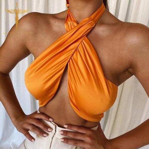 Halter Camisole Sexy Satin Streetwear Crop Top Womens Clothing Summer Orange Sleeveless Lace-Up Skinny Tank Vest Crop Vest Femme
