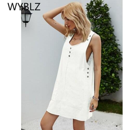 WYBLZ Sexy Sleeveless Mini Dress Casual O Neck Solid Women Summer Beach with Button Pocket Dresses Short White Dress Femme New