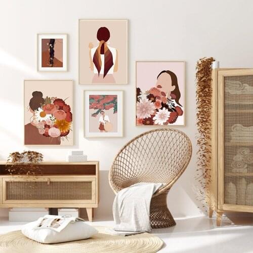 Minimalism Boho Flower Beauty Girl Wall Art Canvas Painting Nordic Posters and Prints Wall Pictures for Living Home Decoration