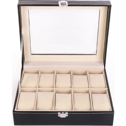 E56A 10 Grids Watch Box PU Leather Watches Display Case Jewelry Organizer with Lock