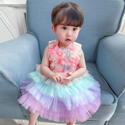 Newborn Baby Dress for Girls 1st Birthday Party Dress For Girl Princess Rainbow petal cake Dress kids Dresses Baby girl outfit