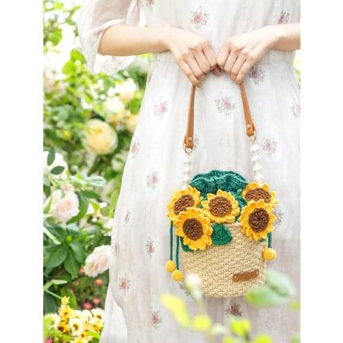 Flower Basket Bag Crochet DIY Material Bag Daisy Rose Sun Flower Handmade Crochet Bag Knitting Kit for Beginners Crochet Supply