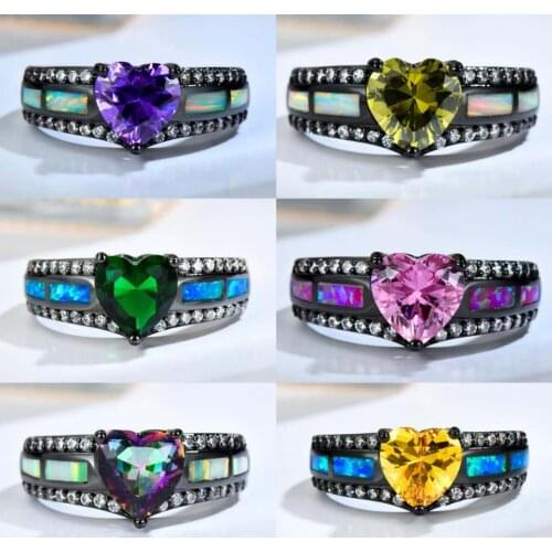 JUNXIN Multicolor Zircon Heart Rings For Women Men Black Gold Rainbow Stone Purple Yellow Green White Blue Fire Opal Ring Female