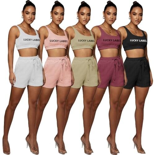 Lucky Label Casual Sportswear 2 Two Piece Sets Women Tracksuit 2021 Halter Crop Top+Shorts Sets Matching Set Summer Outfits