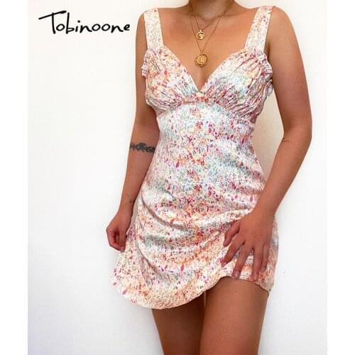 Tobinoone V Neck Floral Print Women Sexy Dress Ruffle Backless Skinny Bodycon Dresses High Waist Sleeveless Baech Party Dress