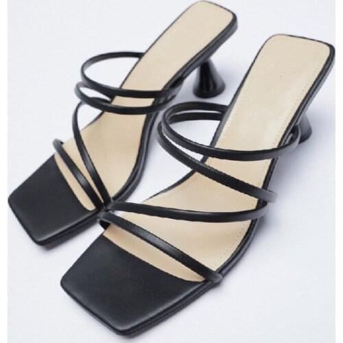 ZAR 2021 Summer New Black One Word With Fashion Square Toe High Heels Sexy Muller Sandals And Slippers Women Luxury Plus Size 40