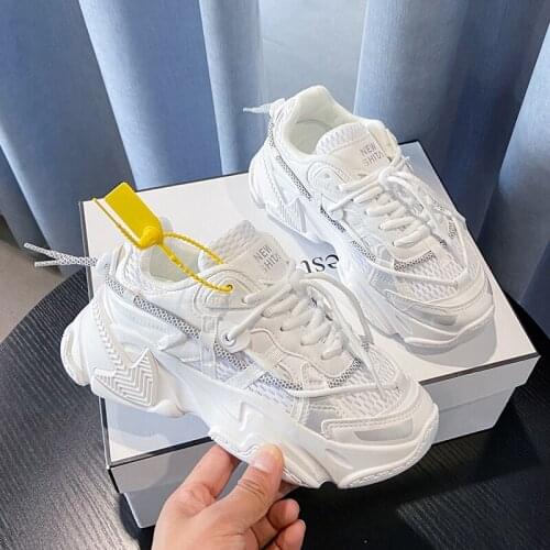 Comfy Breathable Mesh Trainers Chunky Heels 5cm Womens Platform Sneakers Women Shoes Casual Female White Mesh Shoes For Woman