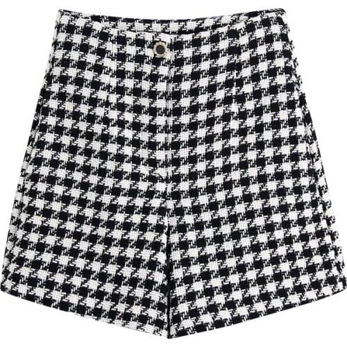 Women 2021 za fashion houndstooth tweed bermuda plaid shorts vintage high waist zipper fly female short trousers mujer