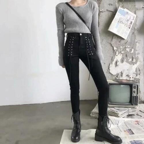 High Waist Skinny Jeans Woman Female Korean Style 2020 Spring Summer Streetwear Jean Sexy Lace Up Ankle Length Denim Pants