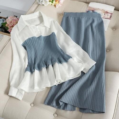 2020 Autumn Winter Fashion Set Blouse Patchwork Pullover Knitwear Tops + Split Slim Knit Mid Skirt Women Elegant Two Piece Suits