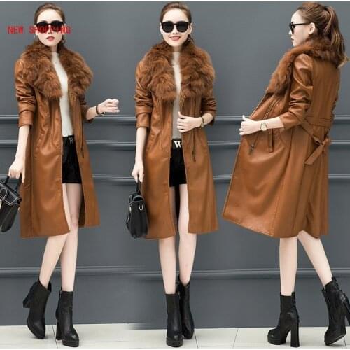 Winter PU Leather Faux Fur Women Long Coat Belt Casual Plus Size 5XL Slim Coat Black Faux Fur Collar Jacket Coat Warm Velvet