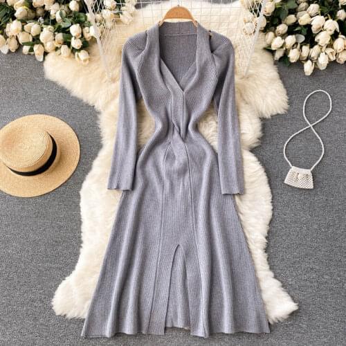 SINGREINY Design Women Knitted Dress Long Sleeve V Neck Fashion Korean A-line Dress 2021 Autumn Winter Sexy Split Sweater Dress