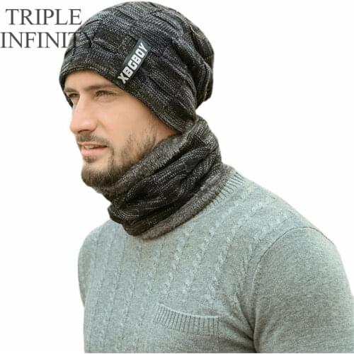 TRIPLE INFINITY Winter Male Hat Scarf Set Solid Color Warm Breathable Thick Male Hats Cold-resistant Windproof Beanies For Men