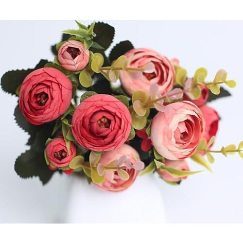 1Pcs New 10Heads Silk Artificial Tea Roses Flowers Bride Bouquet for Home Wedding New Year Party Decoration Faux Fake Flower