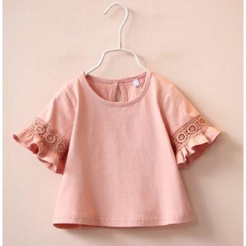 2021 Summer New Baby Kids Girls Clothes Pink Cotton T shirt Short Sleeve Solid Cute Fashion Lace Flared Sleeve Tops Casual