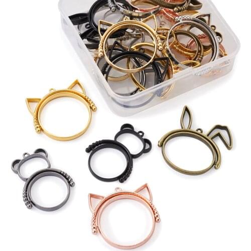 21pcs Cute Cat Bear Rabbit Head Pendant Open Back Bezel Hollow Pressed Flower Frame Charms for Epoxy Resin Jewelry Making Mold