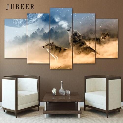 5 Pieces Wall Art Decoration Pictures Moon Canvas Painting Forest Wolf Posters for Living Room Painting on The Wall No Frame