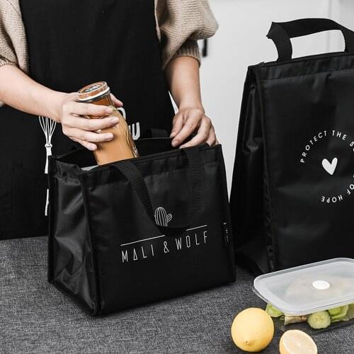 Black Thermal Lunch Bag Portable Insulated Tote Family Travel Picnic Drink Fruit Food Fresh Organizer Carry Bag For Lunch Box