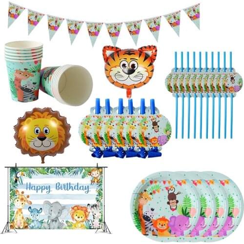 Jungle Party Decor Lion Tiger Zebra Animal Foil Balloons Paper Plate Cup Banner Safari Birthday Party Decoration For Kids WQ04