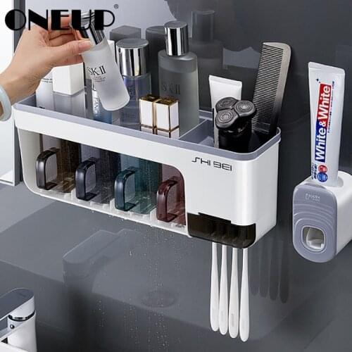 ONEUP Multifunction Toothbrush Holder High Capacity Storage Shelf Automatic Toothpaste Squeezer Dispenser Bathroom Accessories
