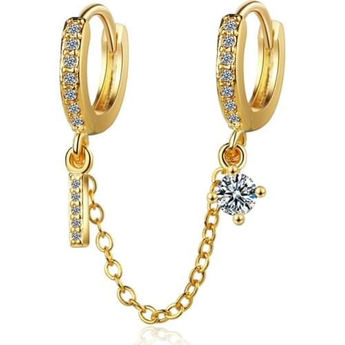 Double Ear Hole Hoop Earrings Bohemia Two Hoops Connected With Chain Crystal Stud Charming Earring Piercing Jewelry For Women