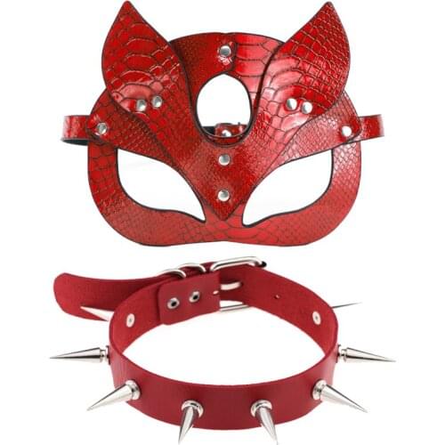 Sexy Costumes of Erotic Red Leather Cat Eye Ears Mask Accessories With Collar For Men Women Fetish Bdsm Bondage Flirt Sex Toys